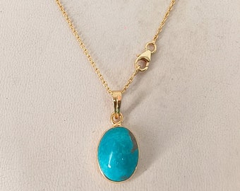 Blue Turquoise Gemstone Pendant: Handmade 925 Sterling Silver Gold Plated Necklace