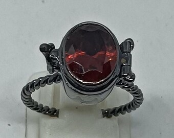 Handmade Sterling Silver Pillbox Ring, Red American Diamond, Vintage Poison Ring