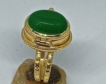 Green Onyx Poison Ring, Gold Sterling Silver Pill Box, Handmade