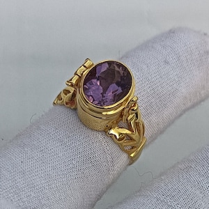 Gold Poison Box Ring, Natural Amethyst Compartment Ring, 925 Sterling Silver Gemstone Ring, Handmade Pill Box Ring, Poisoner Openable Rings