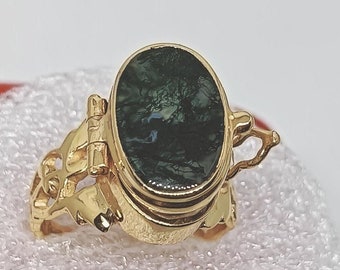 Moss Agate Poison Ring, 925 Sterling Silver Pillbox, Handmade Compartment Jewelry