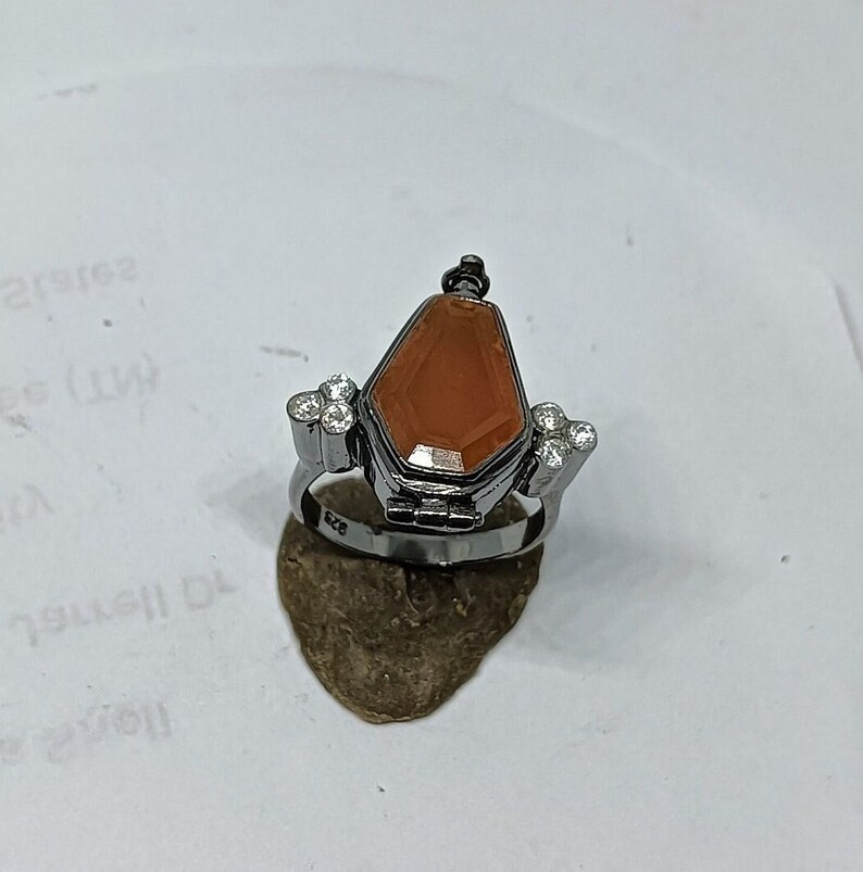 Silver Poison Ring, Orange Onyx Coffin Ring, Handmade Poison Box Ring, Secret Poison Ring, Coffin Locket Ring, Gift Ring,925 Sterling Silver, Orange Coffin Onyx Poison Ring For Men And Women In 925 Sterling Silver Pure Handmade Ring