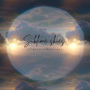 Puede incluir: Una imagen circular de una puesta de sol sobre nubes con el texto "Sublime skies - clipcanvasboutique -" en el centro.