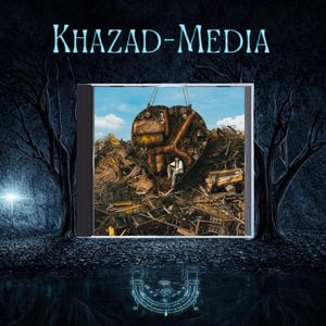 May include: A CD case featuring cover art of a heart-shaped structure made of scrap metal and machinery parts sitting in a junkyard under a blue sky. The text KHAZAD-MEDIA is printed in light blue at the top. A person sits inside the heart shape.