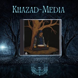 May include: A CD case featuring an illustration of a hooded figure sitting cross-legged under a large tree, playing a drum with two sticks. The text KHAZAD-MEDIA appears at the top, with a small triangle logo and the text splitting branches below.