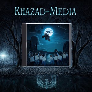 May include: A CD case featuring the text Khazad-Media at the top. The cover art displays a group of people standing in a dark landscape, pointing toward a vehicle flying in front of a large, bright full moon. The scene is set in blue tones.