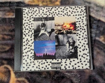 Può includere: Una custodia per CD con un collage di quattro immagini. Le immagini sono in bianco e nero e mostrano una persona seduta a terra, un edificio in fiamme, un cielo notturno con una luna crescente e una persona seduta a terra. Lo sfondo della custodia è bianco con un motivo di mosche nere.
