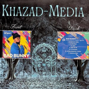 Może przedstawiać: Pudełko CD z artystą Bad Bunny. Na okładce z przodu Bad Bunny w niebieskim swetrze i czarnej masce. Na tylnej okładce lista tytułów piosenek. Tekst "KHAZAD-MEDIA" znajduje się u góry.