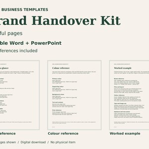 以下が含まれることがあります： WordおよびPowerPoint形式の7ページのテンプレートを含む、中小企業向けのデジタルブランドハンドオーバーキット。ドキュメントには、ブランドの概要、カラーリファレンス、および記入済みの例を示すセクションが含まれています。