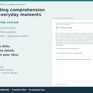 Peut inclure: Un pack d'activités de compréhension de lecture de 22 pages intitulé Reading comprehension for everyday moments. Il contient 12 histoires courtes, 36 questions et des corrigés. Une page exemple intitulée The Library Bag présente un texte et trois questions.