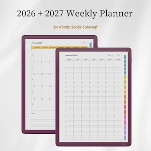 以下が含まれることがあります： Kindle Scribe Colorsoft用の2026年および2027年デジタル週間プランナー。画面には2027年1月の月間カレンダーと1月第1週の週間スケジュールが表示されており、グリッドレイアウト、色分けされたサイドタブ、メモセクションが特徴です。
