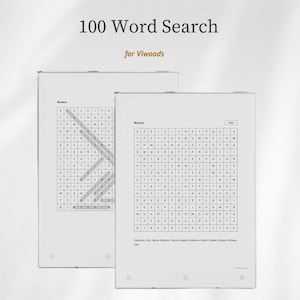 以下が含まれることがあります： 「Mystery」と題された100単語のワードサーチパズルを表示する2台の白いデジタルタブレット。画面には文字のグリッドと強調表示された単語、およびDetective、Clue、Secret、Shadow、Puzzle、Suspect、Evidence、Cipher、Hidden、Enigma、Witness、Alixなどの用語リストが表示されています。