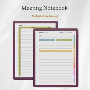 May include: A digital Meeting Notebook for Kindle Scribe Colorsoft featuring two tablet screens displaying organized meeting templates. The layouts include lined sections for subject, date, time, agenda, attendees, and notes with colorful tabs.