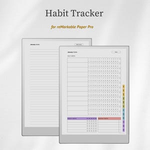 May include: A digital habit tracker template for reMarkable Paper Pro featuring two screens. One screen shows a lined notes page for January, while the other displays a January habits grid with daily, weekly, and monthly sections and coloured tabs.
