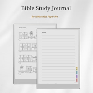 Könnte beinhalten: Ein digitales Bibelstudien-Journal für reMarkable Paper Pro. Das Bild zeigt zwei digitale Tablets. Eines zeigt ein Bücherregal-Design, das andere linierte Seiten mit dem Text "Genesis". Das Journal hat farbcodierte Registerkarten für eine einfache Navigation.