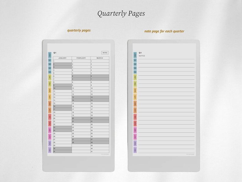Puede incluir: Dos p&aacute;ginas de planificador digital tituladas Quarterly Pages. La p&aacute;gina izquierda muestra una cuadr&iacute;cula de calendario para enero, febrero y marzo con encabezados de Q1 y notas. La p&aacute;gina derecha es una p&aacute;gina de notas rayada.