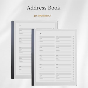 May include: An address book digital template for reMarkable 2 featuring two tablet screens. The screens display organized contact fields for name, phone, email, and address, with alphabetical tabs on the right side and the letter A or S at the top.