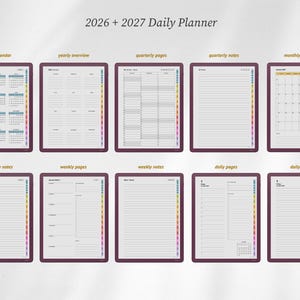 May include: A 2026 + 2027 daily planner digital layout featuring ten distinct page views including yearly calendars, overviews, quarterly pages, monthly calendars, weekly pages, and daily pages with lined notes sections and colorful side tabs.