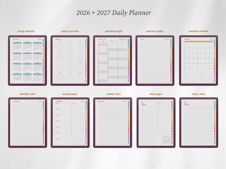 May include: A 2026 + 2027 daily planner digital layout featuring ten distinct page views including yearly calendars, overviews, quarterly pages, monthly calendars, weekly pages, and daily pages with lined notes sections and colorful side tabs.