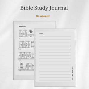 May include: A digital Bible Study Journal for Supernote. The image shows two white digital tablets. One displays a bookshelf design, and the other shows lined pages with the title "Genesis". The journal includes tabs for easy navigation.