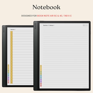 Pode incluir: São exibidos dois cadernos digitais pretos com páginas pautadas brancas. O texto "Notebook" está no topo, com "DESIGNED FOR BOOX NOTE AIR 5C & 4C, TAB X C" abaixo. Um caderno mostra um índice colorido.