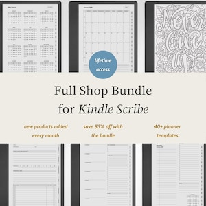 Può includere: Un pacchetto di agende digitali per Kindle Scribe con un calendario 2024, viste mensili, modelli giornalieri e una pagina da colorare. Il testo recita Full Shop Bundle for Kindle Scribe, lifetime access, new products added every month, save 85% off with the bundle e 40+ planner templates.