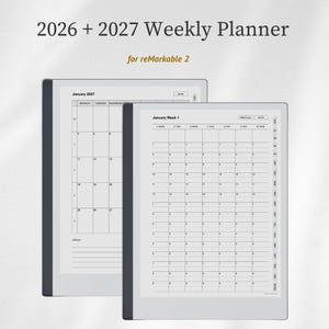May include: A digital 2026 and 2027 weekly planner for reMarkable 2 tablets. The display shows a monthly calendar view for January 2027 on the left and a weekly schedule view for January Week 1 on the right, featuring black text on a light grey background.