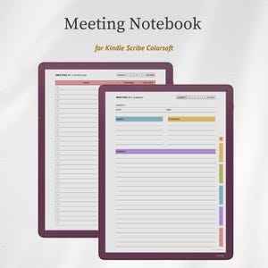May include: Two digital meeting notebooks for Kindle Scribe Colorsoft. The notebooks have a dark purple border and white pages with sections for tasks, agenda, and summary. The text "Meeting Notebook" and "for Kindle Scribe Colorsoft" are at the top.