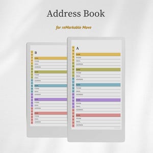 Puede incluir: Una plantilla digital de libreta de direcciones para reMarkable Move con dos pantallas verticales. Cada pantalla muestra pestañas alfabéticas de la A a la Z, con campos de entrada codificados por colores para nombre, teléfono, email y dirección.