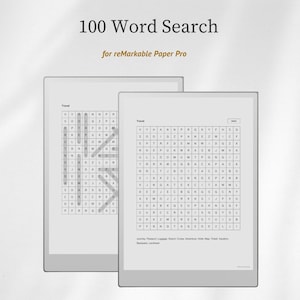 May include: Two digital tablets displaying a 100 Word Search puzzle for reMarkable Paper Pro. The screens show a grid of letters with the title Travel, a list of words at the bottom, and highlighted words within the puzzle grid on the left device.