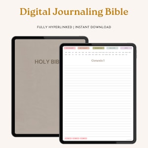 Puede incluir: Biblia de diario digital con el texto "Digital Journaling Bible" y "FULLY HYPERLINKED | INSTANT DOWNLOAD". La imagen muestra dos tabletas, una con el texto "HOLY BIBLE" y la otra con páginas rayadas y el texto "Genesis 1".