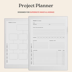 May include: Two digital project planners, designed for Supernote Manta & Nomad, are displayed. The first planner shows a mind map layout, while the second features sections for project overview, milestones, and action steps. The text "Project Planner" is at the top.