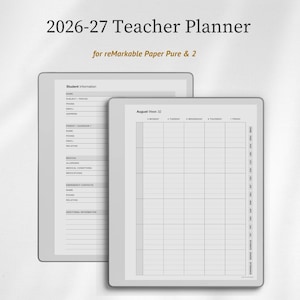 Planejador para professores de agosto de 2026 a julho de 2027 para reMarkable Paper Pure e reMarkable 2, modelo de planejador acadêmico.