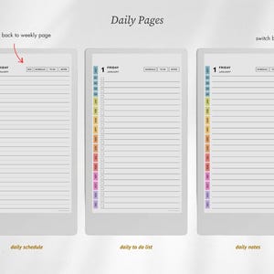 Puede incluir: Tres p&aacute;ginas de planificador diario digital tituladas Daily Pages. Cada p&aacute;gina presenta un encabezado de fecha viernes enero, una barra lateral vertical con pesta&ntilde;as mensuales codificadas por colores y botones de navegaci&oacute;n para horario, tareas y notas. Flechas rojas indican la navegaci&oacute;n.