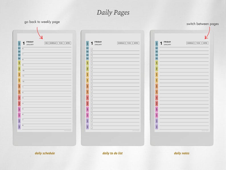 Puede incluir: Tres p&aacute;ginas de planificador diario digital tituladas Daily Pages. Cada p&aacute;gina presenta un encabezado de fecha viernes enero, una barra lateral vertical con pesta&ntilde;as mensuales codificadas por colores y botones de navegaci&oacute;n para horario, tareas y notas. Flechas rojas indican la navegaci&oacute;n.