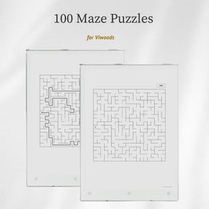 以下が含まれることがあります： 白黒の迷路パズルを表示する2台の白いデジタルタブレット。上部のテキストには「100 Maze Puzzles for Viwoods」と書かれています。各画面には複雑な迷路パターンの正方形のグリッドが表示され、右側のタブレットには「INDEX」とラベル付けされた小さなボックスが含まれています。