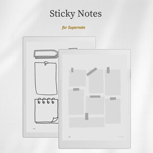May include: Two digital tablet screens displaying Sticky Notes for Supernote. The left screen shows a hand-drawn arrow, a rectangular note with a pin, and a spiral-bound notepad. The right screen features six grey rectangular notes with tape.
