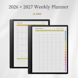 Puede incluir: Dos tabletas digitales negras que muestran un planificador semanal 2026 + 2027 para BOOX. Las pantallas presentan un calendario mensual de enero de 2026 y un horario semanal para la semana 37 de septiembre con encabezados amarillos y pestañas.
