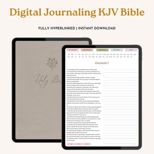 May include: Two tablets displaying a digital journaling KJV Bible. One shows the cover with "Holy Bible" and floral details. The other displays Genesis 1. The words "Digital Journaling KJV Bible" are at the top of the image.