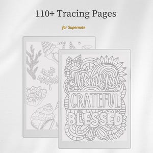 Puede incluir: Una pantalla digital que muestra 110+ Tracing Pages for Supernote. Una pantalla presenta un dibujo lineal en blanco y negro de conchas y corales. La otra pantalla muestra un patrón floral con el texto Thankful, Grateful, Blessed.