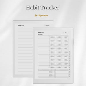Może przedstawiać: Dwa tablety cyfrowe wyświetlające szablony śledzenia nawyków. U góry widnieje napis "Habit Tracker for Supernote". Jeden tablet pokazuje stronę z notatkami w linie, drugi kalendarz i sekcje śledzenia nawyków.