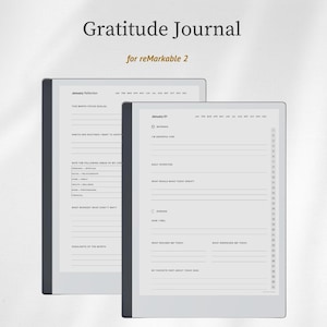 May include: A digital Gratitude Journal for reMarkable 2 displayed on two tablet screens. The left screen shows a January Reflection page with focus goals and life areas. The right screen shows a January 01 daily entry page with morning and evening prompts.