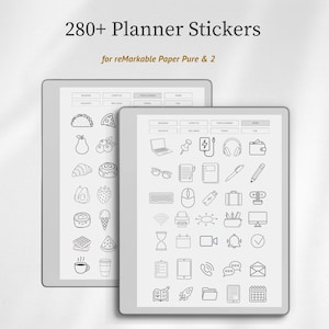 May include: A digital display showing 280+ Planner Stickers for reMarkable Paper Pure & 2. The screen features organized categories and a grid of black and white line art icons representing food, technology, office supplies, and daily activities.