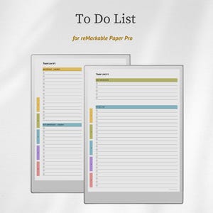 May include: Two digital to-do list templates for reMarkable Paper Pro. The templates feature sections for important and urgent tasks, top priorities, and a to-do list. The design includes colored headers and bullet points for easy organization. The text "To Do List" and "for reMarkable Paper Pro" are visible.