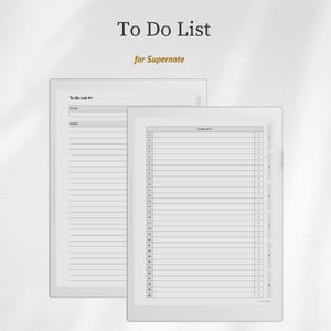 May include: A digital to-do list template for Supernote featuring two white tablet screens. The left screen displays a to-do list with a notes section. The right screen shows a numbered list from 1 to 30 with checkboxes and side navigation tabs.