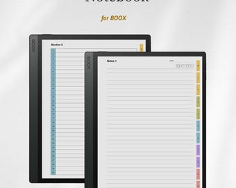May include: Two digital tablet screens displaying a notebook interface for BOOX. The screens show lined pages with numbered sections, a date field, and a vertical row of colorful tabs on the right side. The text Notebook for BOOX is visible.