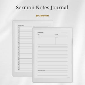 Può includere: Un diario digitale per appunti di sermoni per Supernote con due schermi di tablet bianchi che mostrano modelli. Uno schermo mostra un elenco numerato da 1 a 30, mentre l'altro visualizza campi per titolo, oratore, data, punti chiave, versetti, note e preghiera.