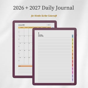 May include: A digital 2026 + 2027 Daily Journal for Kindle Scribe Colorsoft. The display shows a monthly calendar view for January 2026 and a daily lined page with a colorful side tab navigation bar for each month of the year.
