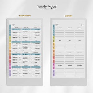 Puede incluir: Dos p&aacute;ginas de planificador digital tituladas Yearly Pages. La p&aacute;gina izquierda muestra un calendario anual de 2027 de enero a diciembre. La p&aacute;gina derecha muestra una vista general de 2027 con l&iacute;neas en blanco. Pesta&ntilde;a vertical de colores.