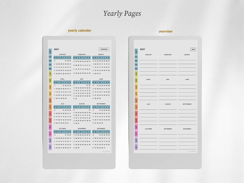 Puede incluir: Dos p&aacute;ginas de planificador digital tituladas Yearly Pages. La p&aacute;gina izquierda muestra un calendario anual de 2027 de enero a diciembre. La p&aacute;gina derecha muestra una vista general de 2027 con l&iacute;neas en blanco. Pesta&ntilde;a vertical de colores.